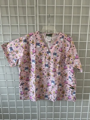 UA Scrubs Top Size L Pink Bunnies Eggs Easter Short Sleeves - Image 1 of 4