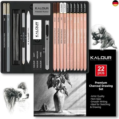 KALOUR PDAS 22-teiliges Zeichenkohle-Set, Professionelles Kunstzubehör,