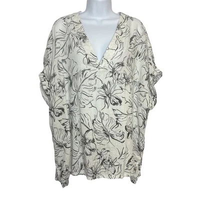 Blusa Top Joie Mujer 2X Negro Blanco Lino Estampado Palma Cubrir Natación Vacaciones Foto 1 de 4