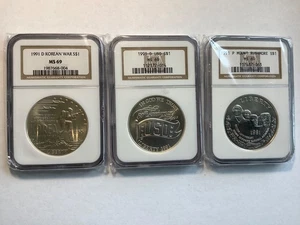 3 coin 1991 D P NGC MS69 Silver 1oz Dollar Korean USO Rushmore Commemorative UNC - Picture 1 of 8
