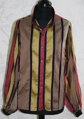 Blusa Camisa Vintage Años 80 ETRO ITALIA Seda y Algodón Dorado/Rojo/Marrón/Negro Rayas Foto 1 de 4