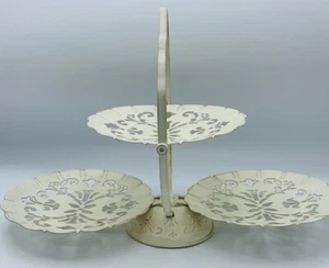 Vintage 3 Tier Fold Metal Server Tray Scalloped Entertaining Cream Decorative - Picture 1 of 12
