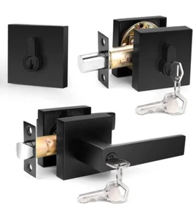 Probrico Square Entrance Lever with Double Cylinder Deadbolt Set Keyed Alike Com - Picture 1 of 2
