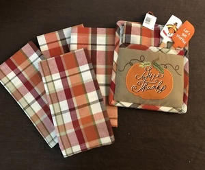 Thanksgiving Fall Plaid Dinner Four Napkins, Towel, Pot Holder, Spatulas. NEW - Picture 1 of 6