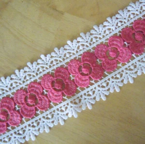 4 Yards 3" Wide Floral Cotton Crochet Lace Baby Pink and Red Alternating m0141 - Picture 1 of 2