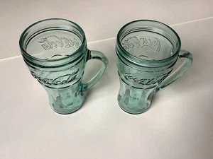 Lot Of 2 Coca-Cola Glass Jar Look Rim with Handle Heavy Green Tinted Glass 6.5" - Picture 1 of 6