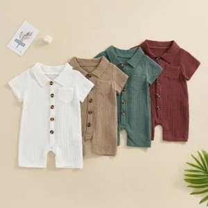 Summer Baby Boy Cotton Linen Short Sleeve Romper Lapel Jumpsuit Outfit - Picture 1 of 9