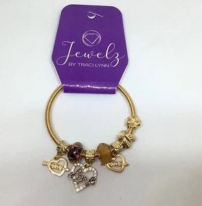 JEWELZ BY TRACI LYNN LOVE HEART CHARM BRACELET GOLDTONE W/STONES FASHION JEWELRY - Picture 1 of 19