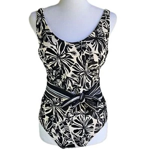 Ellen Tracy One Piece Swimsuit Womens 10 Neutral Tropical Beach Vacation Tie NWT - Picture 1 of 8
