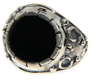 Anello Argento 925 onice tondo e fascia massiccia lavorata uomo misura 24 grande - Foto 1 di 3