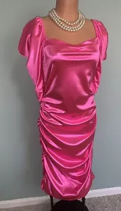 NEW Glossy Stretch Satin 1X Puff Sleeve Dress Ruching Bodycon Slimming Vtg Style - Picture 1 of 9