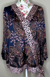 Dressbarn Top Womens Plus Sz 2X Floral Funky Art Cheetah Print Surplice Tie Hem - Picture 1 of 11