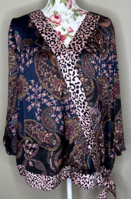 Dressbarn Top Womens Plus Sz 2X Floral Funky Art Cheetah Print Surplice Tie Hem - Image 1 of 4