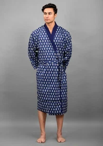 Mens Dressing Gown Robe Cotton rich Blue Printed kimono gents Summer Lightweight - Picture 1 of 8
