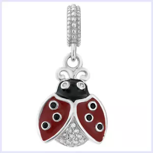 Sterling Silver Ladybug Enamel Clear CZ Dangle Bead for European Charm Bracelet - Picture 1 of 2