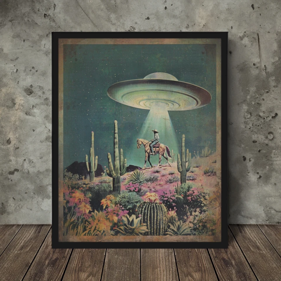 Arte de pared vintage OVNI COWBOY, decoración occidental alienígena de ciencia ficción, impresión de flores de cactus UAP Foto 1 de 4
