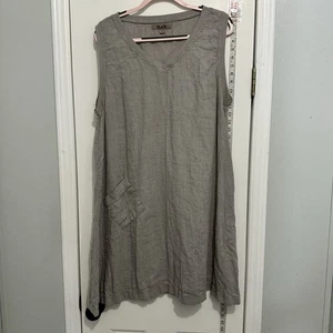 Kunstvolles Flachs Leinen V Ausschnitt Kleid Tunika Taschen grau groß - Bild 1 von 9