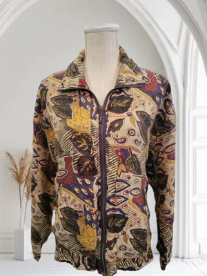 Chaqueta De Colección Pura Seda Sportif Studio Talla S Bolsillos Estampado de Hojas Cremallera Completa Años 90 Foto 1 de 4