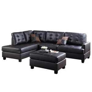 Poundex 3 Piece Faux Leather Sectional Sofa Set with Ottoman in Espresso - Picture 1 of 6