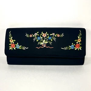 Vintage Clutch Abendtasche schwarz bestickt Blumenakzente mit Schulterriemen - Bild 1 von 7