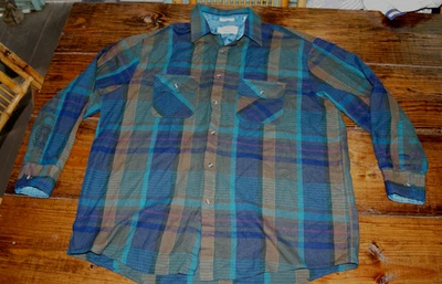 Camisa de franela vintage años 70 80 turquesa marrón azul sombra a cuadros botones para hombre 2XL Foto 1 de 4