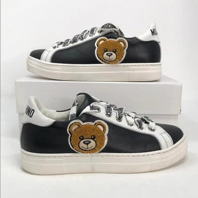 Moschino Teen Black White Teddy Bear Logo 65700 Leather Sneakers - Size 1.5Y - Image 1 of 4