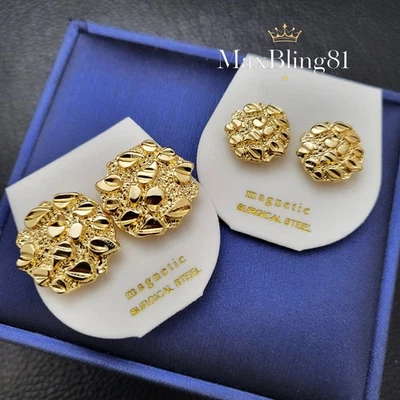 Hip Hop Jewelry Cookie Nugget Magnetic Iced Gold plated Bling Earrings Unisex - Image 1 of 4