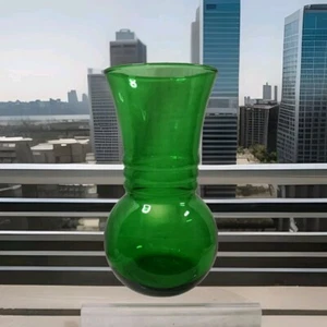 2 Vintage Anchor Hocking Vases Green Glass 50s Flower Ribbed Ring Bulb Base MCM - Picture 1 of 13