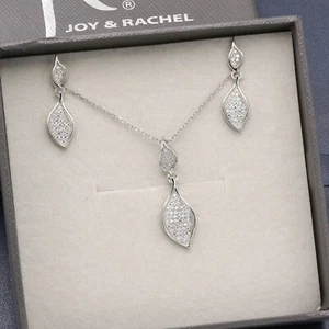 925 Silver Cubic Zirconia Dangle Pendant Necklace Earrings Jewelry Set - Bild 1 von 5