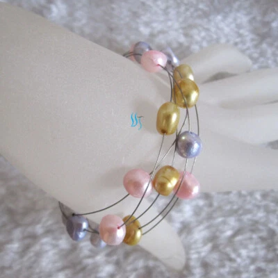 Pulsera de perlas barrocas de agua dulce 7,5" 7-9 mm rosa gris-azul champán 5 filas  Foto 1 de 3