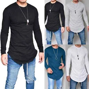 Herren Solide T Shirt Slim Fit Langarmshirt Rundhalsausschnitt Oversize Pullover - Bild 1 von 13