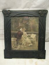 Early Alonso Perez Print French Courting Couple in Hand Carved Wood Frame 