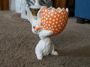 HANDMADE CERAMIC BUNNY RABBIT HOLDING CRACKED EGG, HAND PAINTED, TEXTURED BODY - Picture 1 of 12