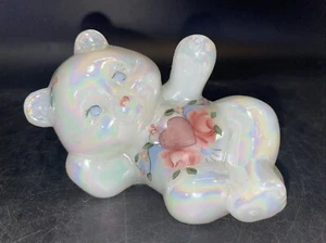 Fenton Glass Bear White Carnival Glass Hand Painted and Signed Iridescent Flower - Picture 1 of 6