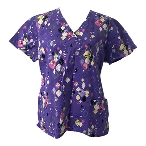 Women’s Medium Scrub Top SB Scrubs Purple Multicolor Short Sleeve V-Neck - Picture 1 of 8
