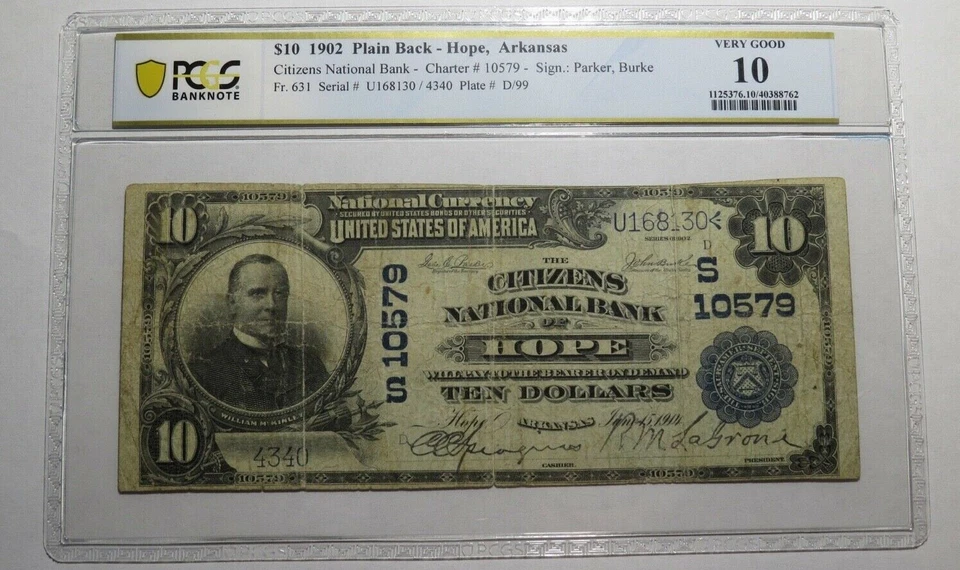 $10 1902 Hope Arkansas AR National Currency Bank Note Bill Ch. #10579 PCGS VG10 - Image 1 of 4