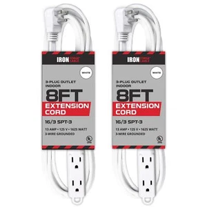 2 Pack 8 ft Flat Plug White Extension Cord with 3 Outlets - 16/3 SJTW 3 Prong... - Picture 1 of 7