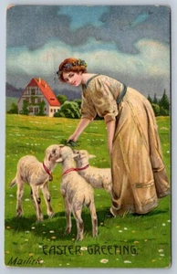 Easter Greetings Woman Feeding Lambs Antique 1912 Embossed Postcard, Flag Cancel - Picture 1 of 2