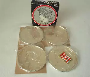 4 Vintage Metal Faux Silver Dollar Coasters NOS in Himark Enterprises Box - Picture 1 of 4