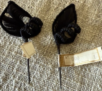 2 Antique French Millinery Hat Black Braid Feathers France Label Mourning NOS - Image 1 of 4