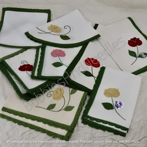Linen Table Set with Handmade Dentelle du Puy Lace Borders & Floral Lace Inserts - Picture 1 of 10