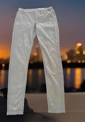 Nuevo HUE Elastizado Jeggings Pantalones Mujer S Brillante Plata Bolsillos Noche Fuera Social Foto 1 de 4