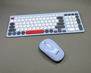 Slim Keyboard Mouse Set Retro Round Keys Quiet Plug And Play 2.4G Wireless Blue - Afbeelding 1 van 19