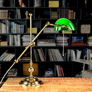 Tischleuchte Lampada Banchiere Ottone Schermo di Vetro Interruttore Art. Deco - Foto 1 di 6