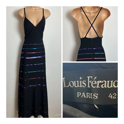 Vintage 70s LOUIS FERAUD Black Halter Neck Sequin Detail Evening Maxi Dress 6 - Image 1 of 4