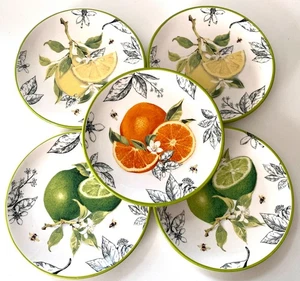 Set Of 5 Ashland Honeybee Ceramic Salad Dessert Plates Lime Orange Lemon NEW - Picture 1 of 7