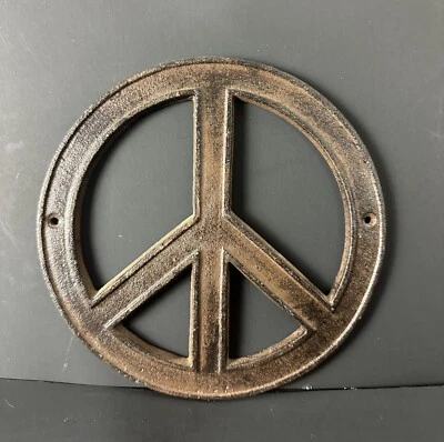 Cast Iron Hippie Peace Sign, Flower Power Plaque Wall Decor 8 INCH Round Rustic - Image 1 of 4