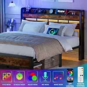 Headboard with Storage Shelf and LED Light, USB Port and Charging Station