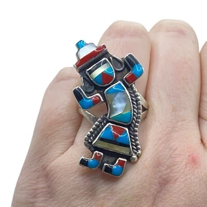 Inlay Zuni Native Sterling Silver Rainbow Man Kachina Ring Size 9.5 Signed PP - Picture 1 of 7