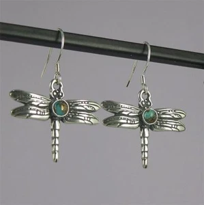 Dragonfly Earrings W Gemstone 0.925 Sterling Silver Drop Dangle Hook - Picture 1 of 2